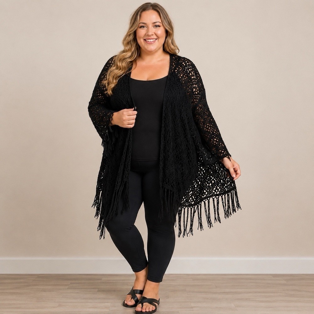 Black XL Cardigan Open Knit Sweater Women's Plus 3X Crochet Fringe Boho Duster